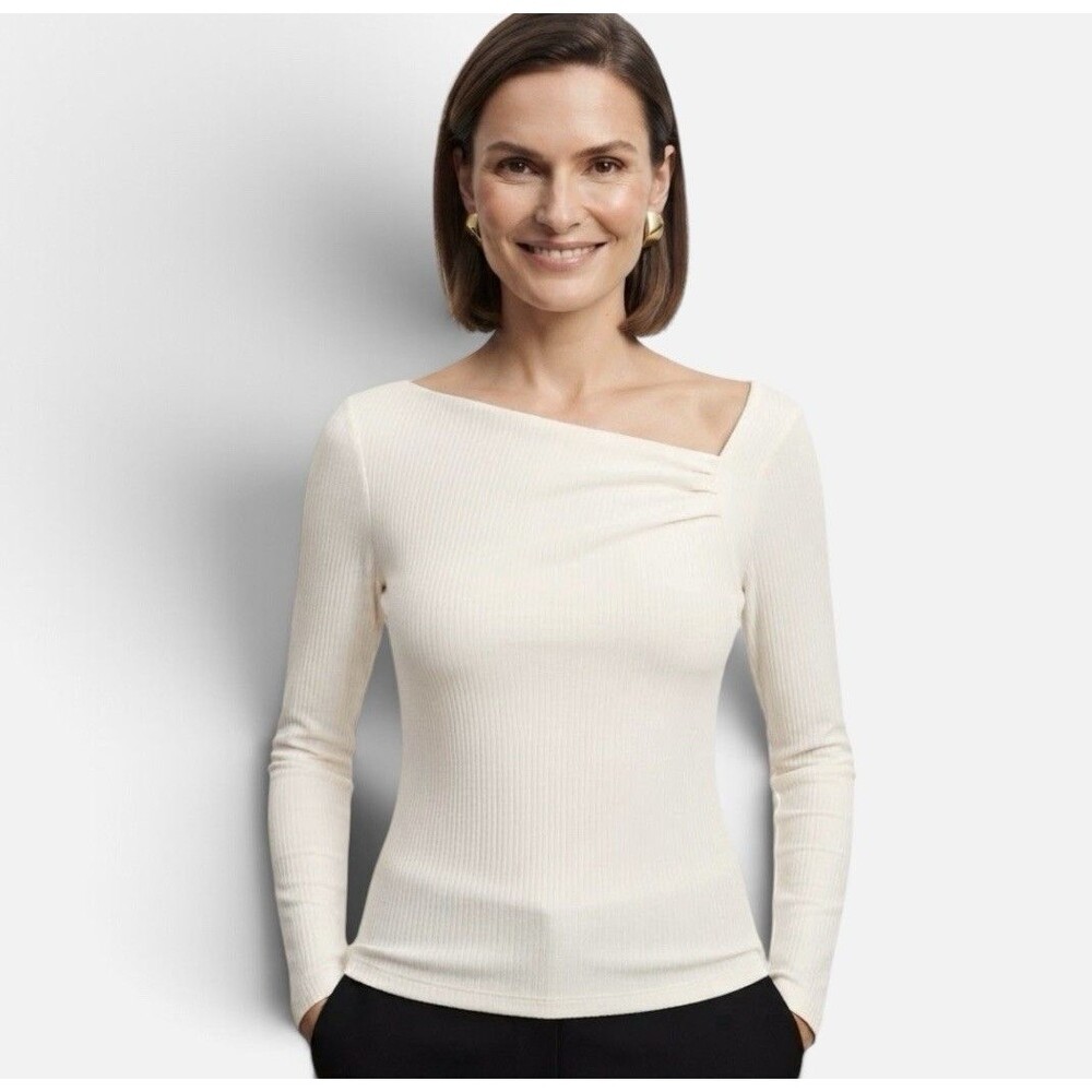NWT Loft Cream White Ribbed Long Sleeve Asymmetrical Twist Top Size Medium M NEW